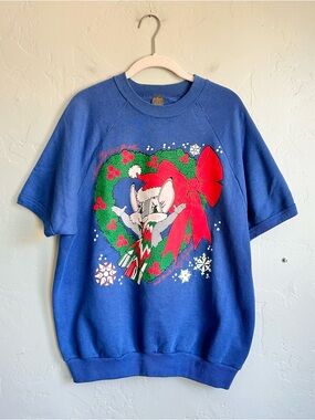 Vintage 80s Christmas Puff Print Holiday Mouse Short Sleeve Sweatshirt Large EUC